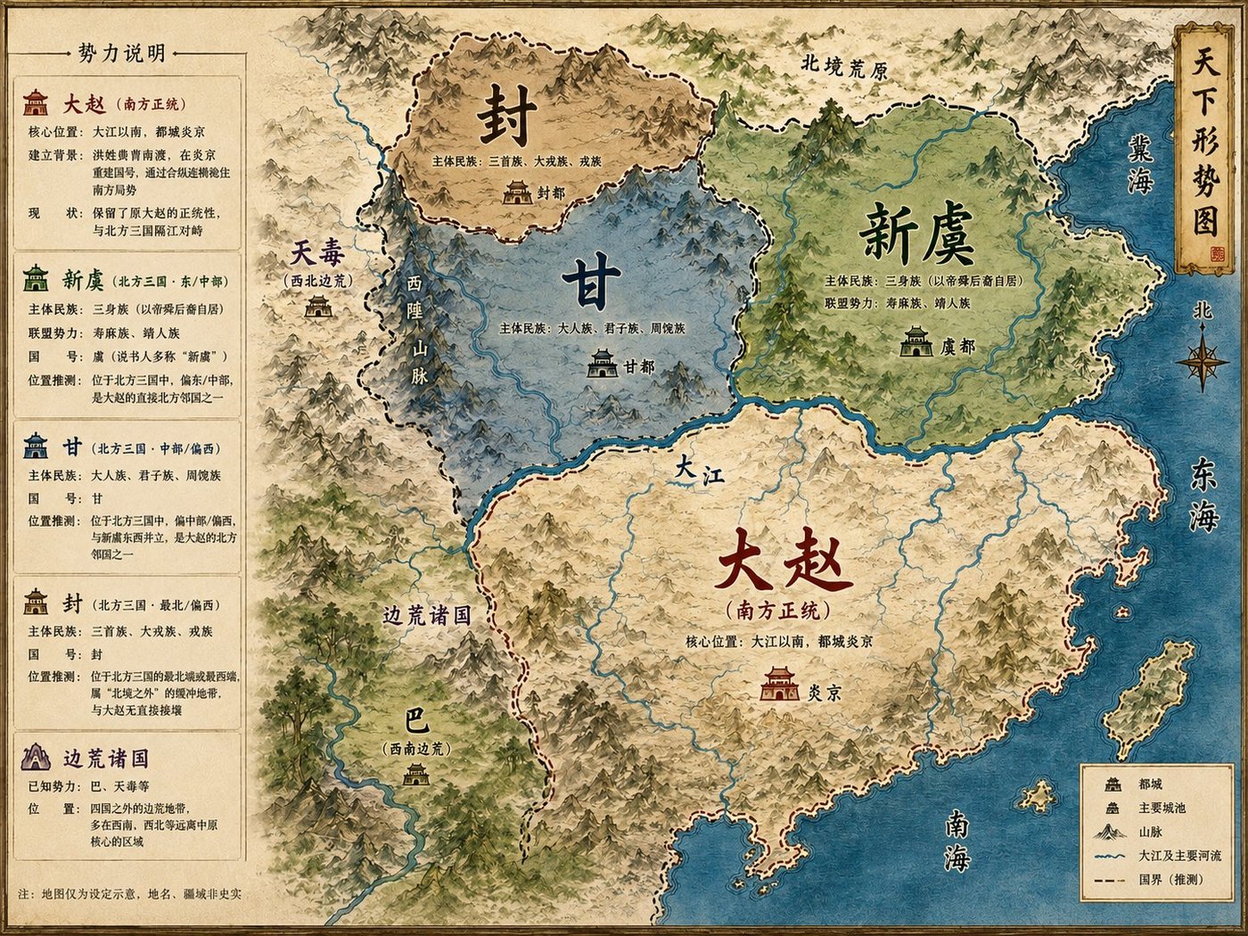 劍燭大荒 天下形勢圖 - 大趙、新虞、甘、封四國格局